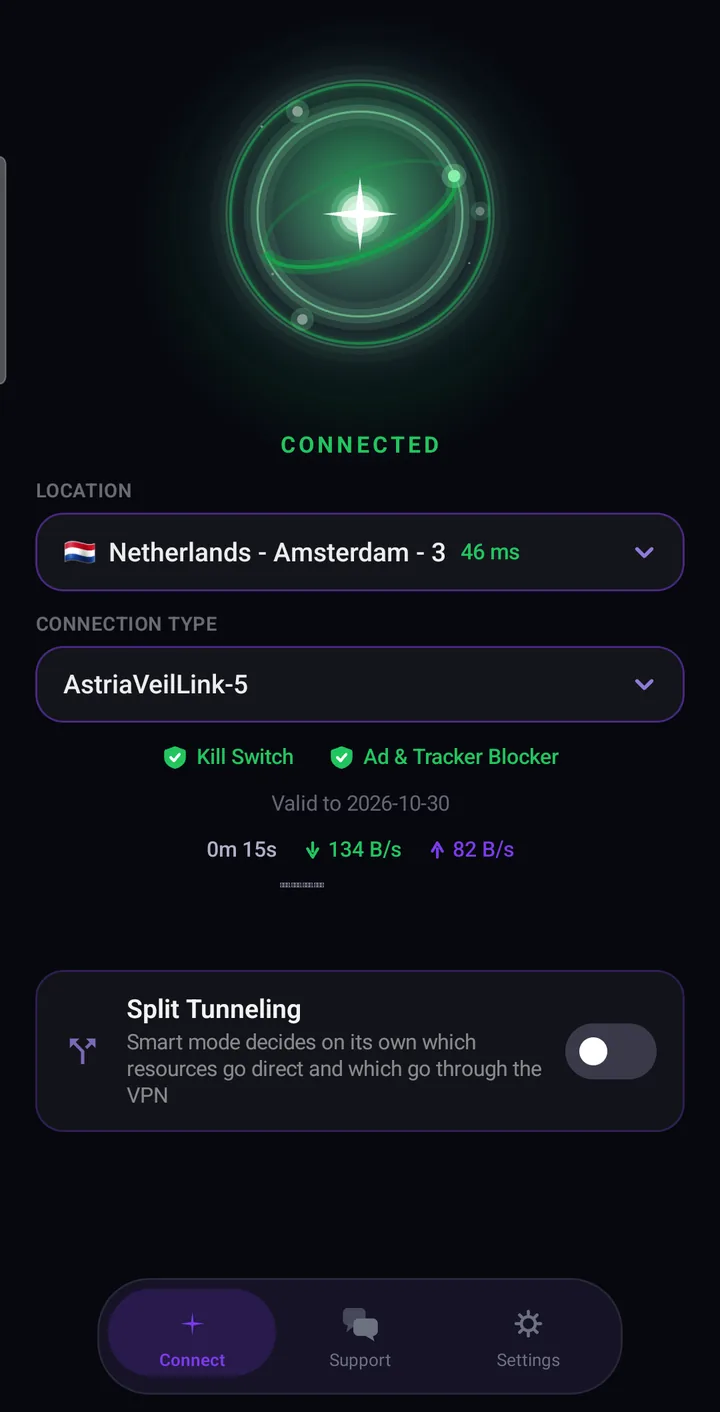 Astria VPN for Android connected: green star, Kill Switch and ad blocker active, timer and speed