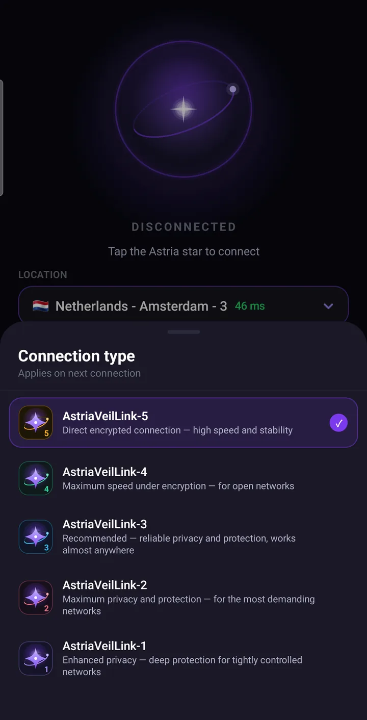 Connection type chooser in Astria VPN for Android: AstriaVeilLink-5 selected as recommended, modes 4 to 1 below