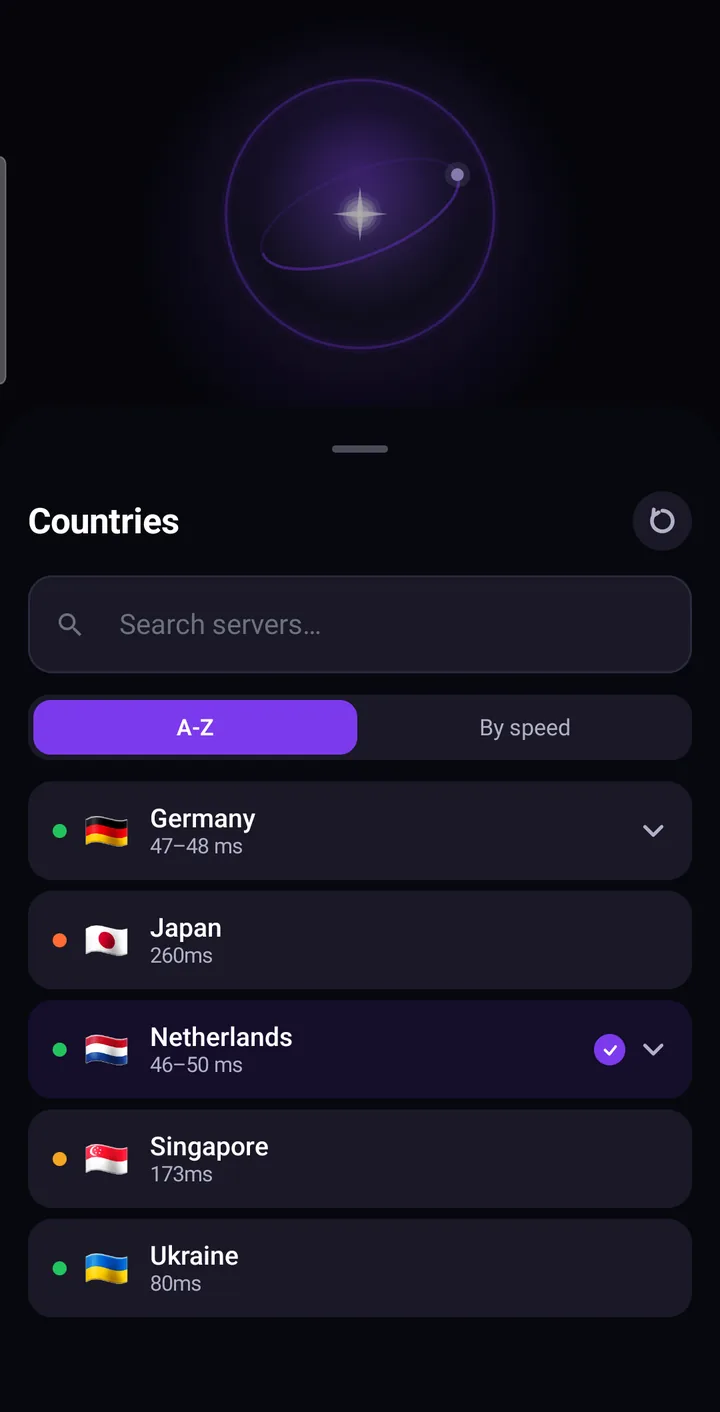 Country list in Astria VPN for Android with response times, search and A–Z or by-speed sorting