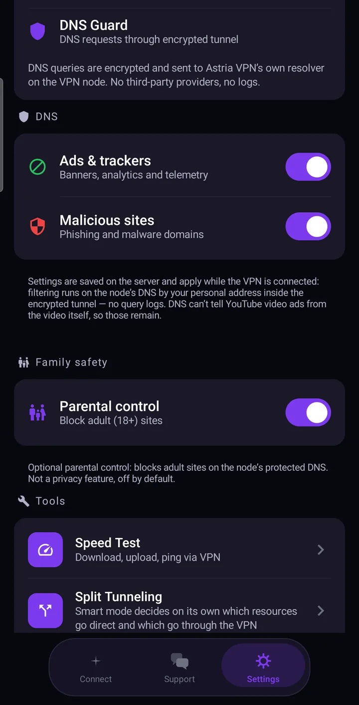 DNS protection settings in Astria VPN for Android: ads and trackers, malicious sites and parental control switches