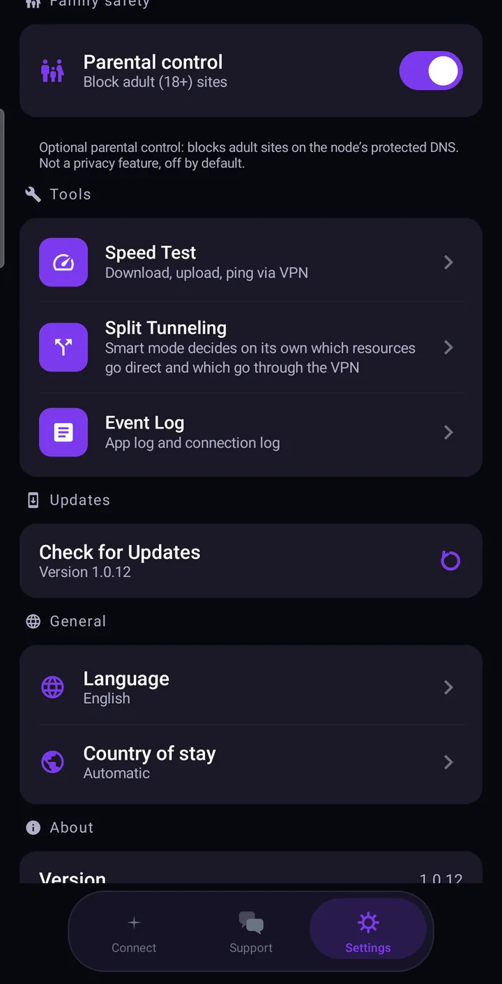 Tools, updates, language and about sections in Astria VPN for Android settings
