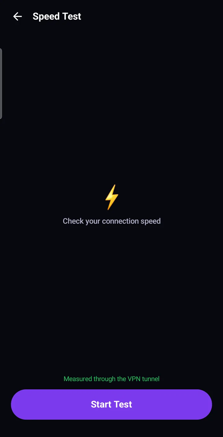 Speed Test screen in Astria VPN with download, upload and ping