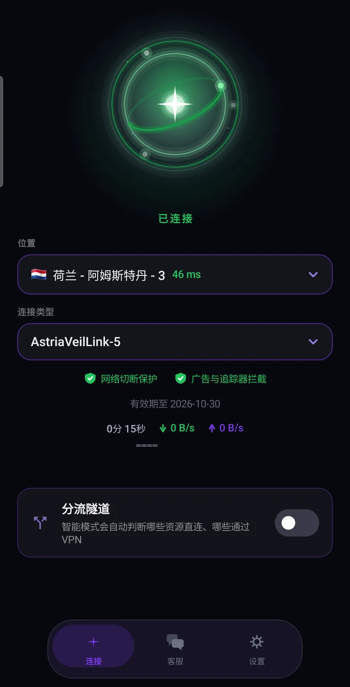 Astria VPN 安卓版已连接：绿色星标，网络切断保护和广告拦截已启用，显示计时器和速度