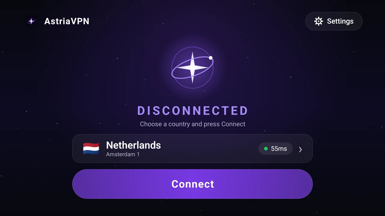 Main screen of Astria VPN for Android TV before connecting: Disconnected status, the selected Netherlands server and the Connect button