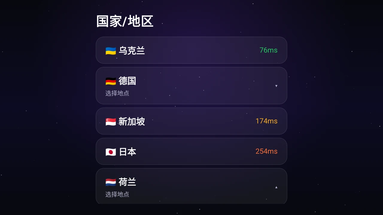 Astria VPN Android TV 版的国家/地区列表：乌克兰、德国、新加坡、日本和荷兰及其响应时间