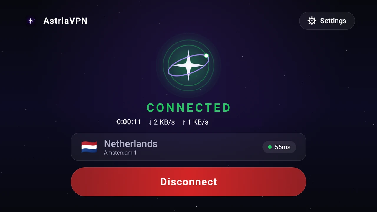 Astria VPN for Android TV (64-bit) connected: green star, Connected status, timer and speed, Netherlands server and the red Disconnect button