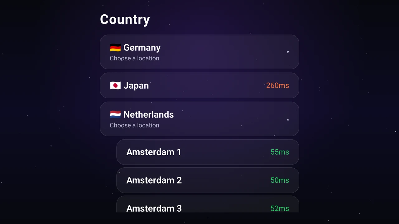 The Netherlands expanded in the country list of Astria VPN for Android TV (64-bit): servers Amsterdam 1, 2 and 3 with their response times