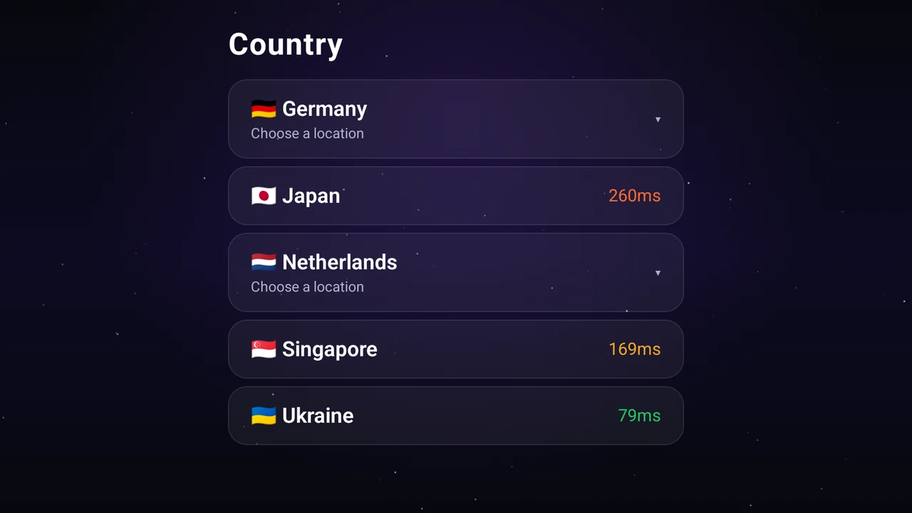 The country list in Astria VPN for Android TV (64-bit): Germany, Japan, Netherlands, Singapore and Ukraine with their response times