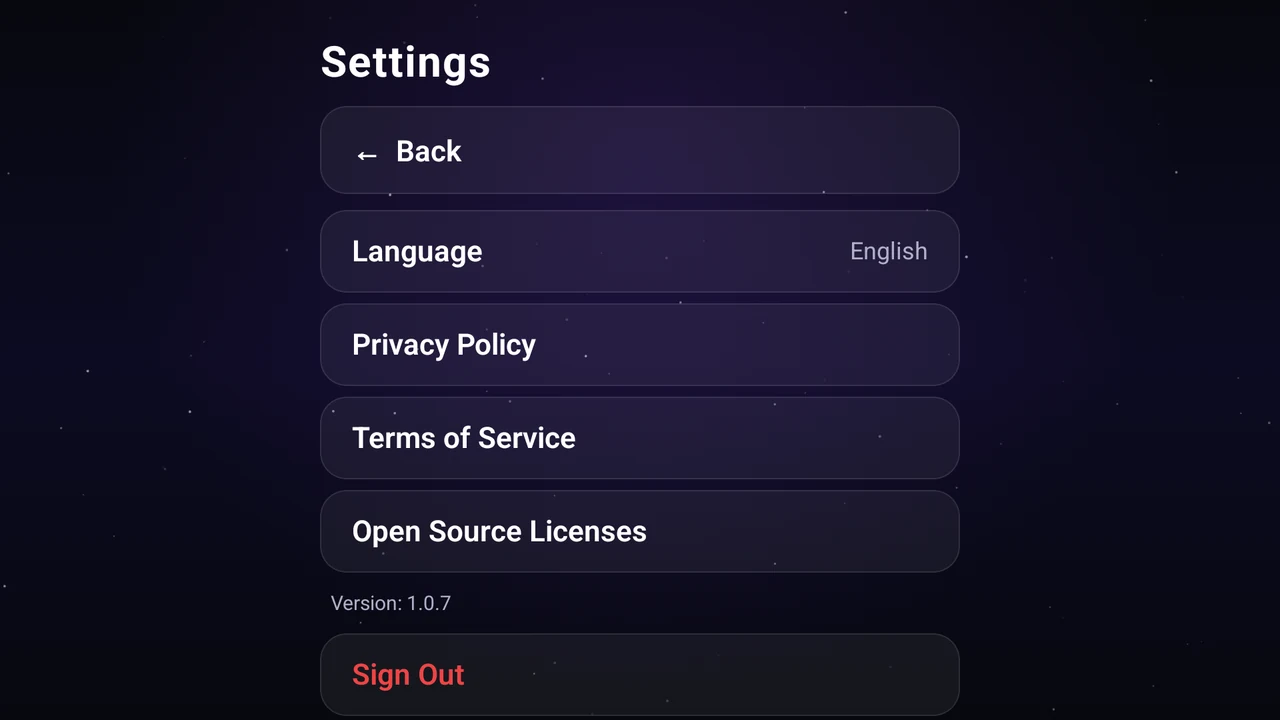 Settings of Astria VPN for Android TV (64-bit): Back, Language, Privacy Policy, Terms of Service, Open Source Licenses, app version and Sign Out