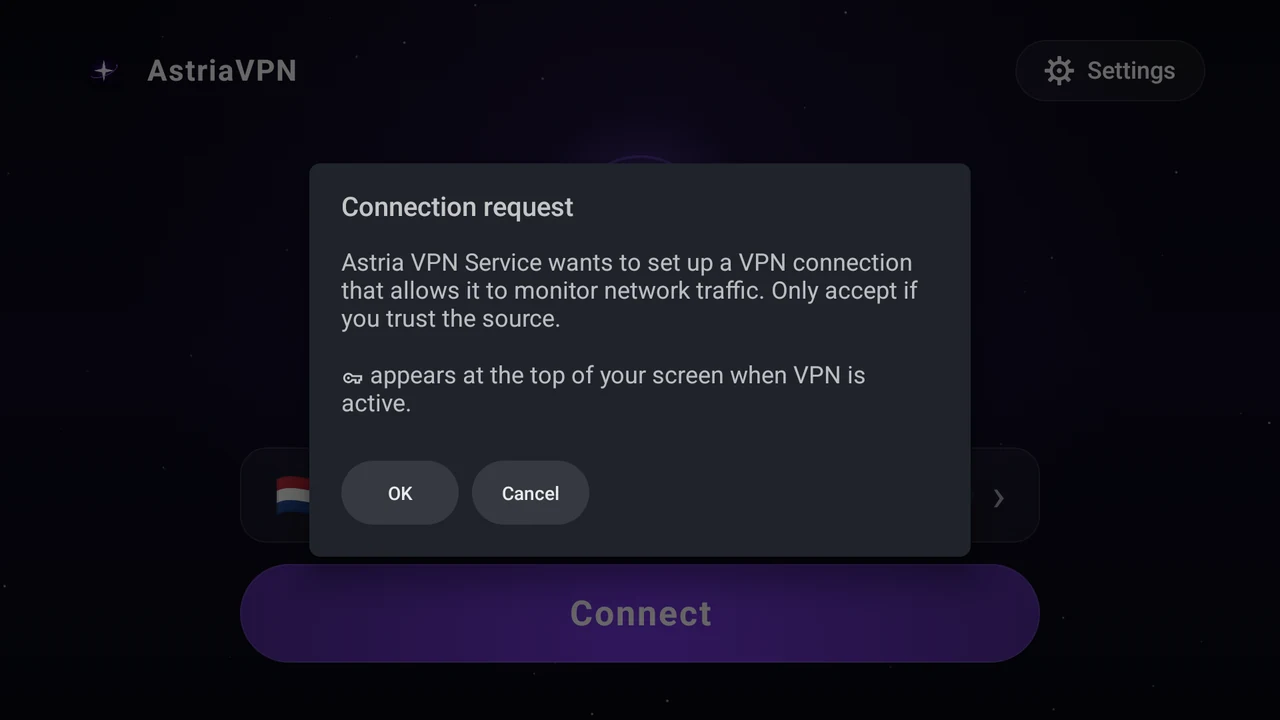 Android system window “Connection request”: the app asks permission to set up a VPN connection, with the OK and Cancel buttons (a system window; its language and look depend on your TV)
