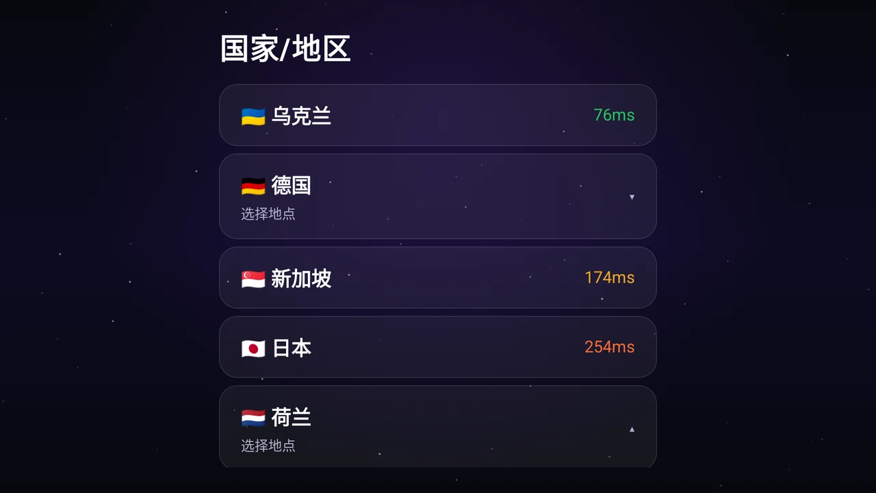 Astria VPN Android TV（64 位）版国家/地区列表中展开的荷兰：服务器阿姆斯特丹 1、2、3 及响应时间