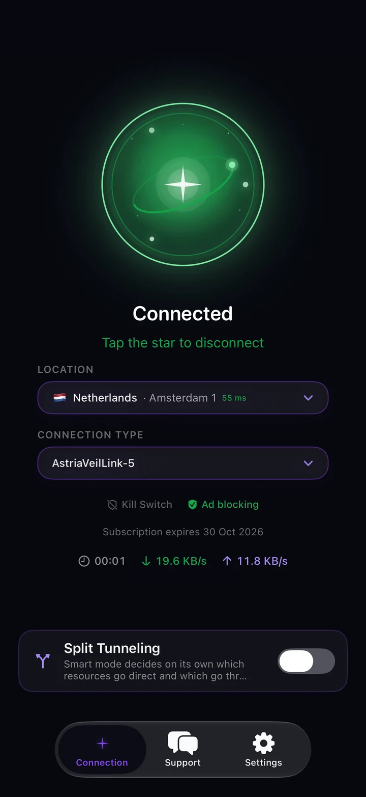 Astria VPN for iPhone connected: green star, Netherlands location, AstriaVeilLink-5 connection type, Ad blocking active, timer and speed, split tunneling switch