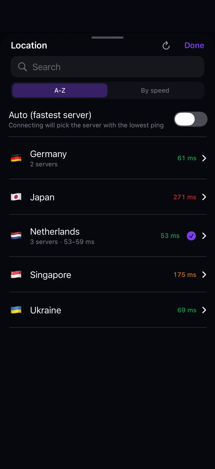 Location list in Astria VPN for iPhone: search, A-Z or by speed sorting, Auto fastest server switch and countries with their response times
