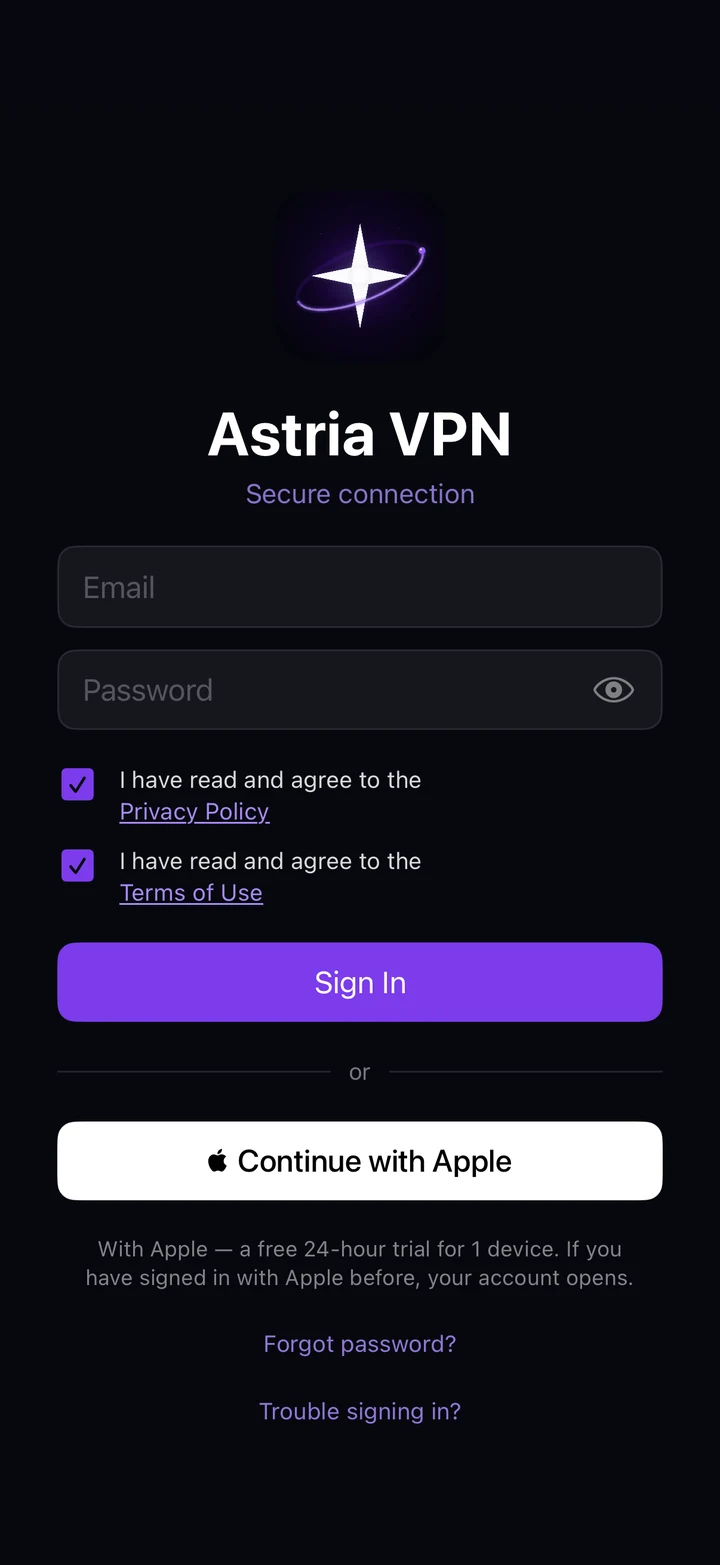 Astria VPN sign-in screen with both consent checkboxes ticked: the Sign In button is active