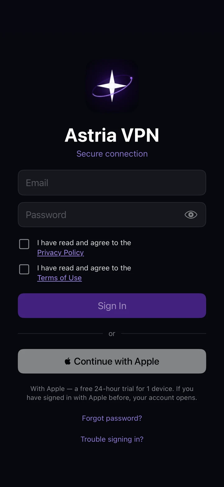 Astria VPN sign-in screen on iPhone: email and password fields, two consent checkboxes, Sign In and Continue with Apple buttons, and the Forgot password? and Trouble signing in? links