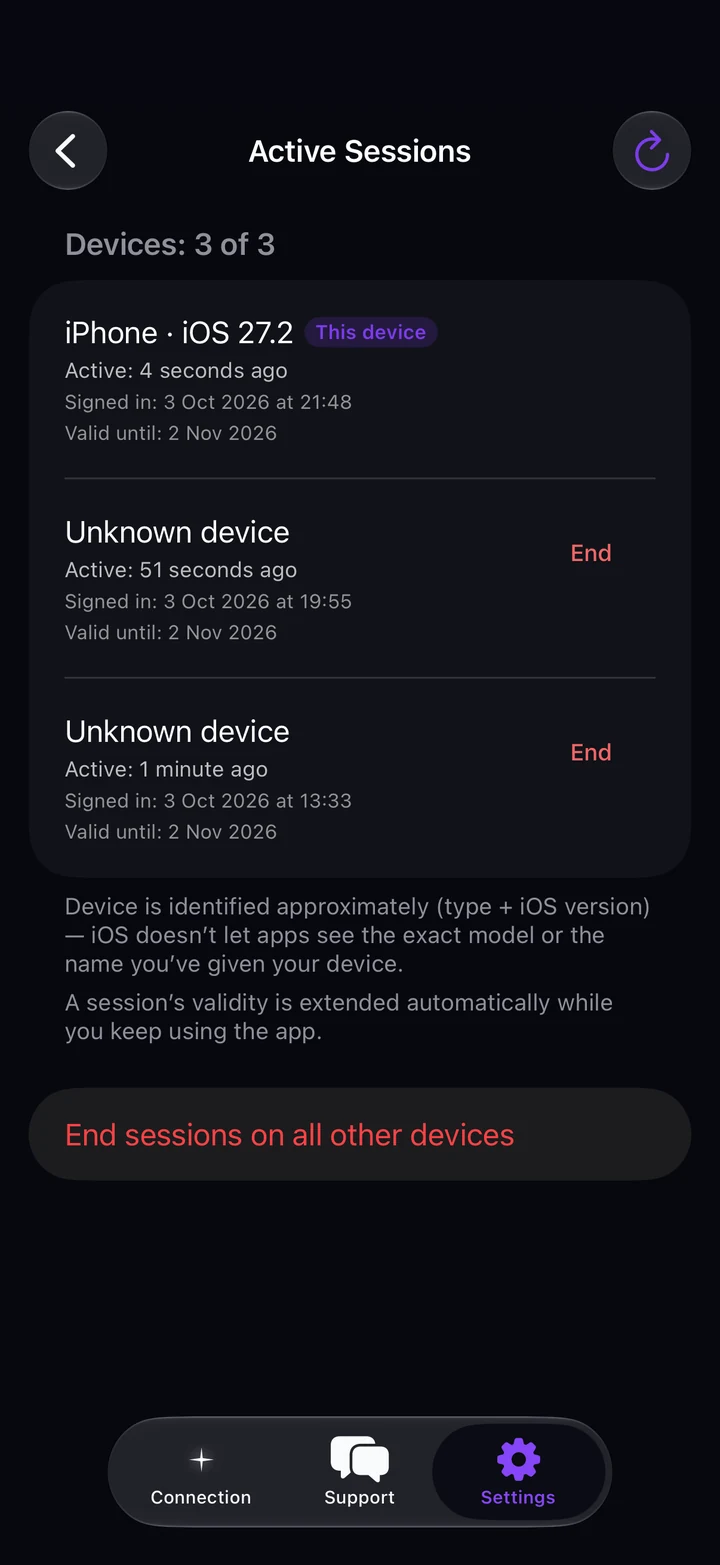 Active Sessions screen in Astria VPN for iPhone listing signed-in devices with End buttons and End sessions on all other devices