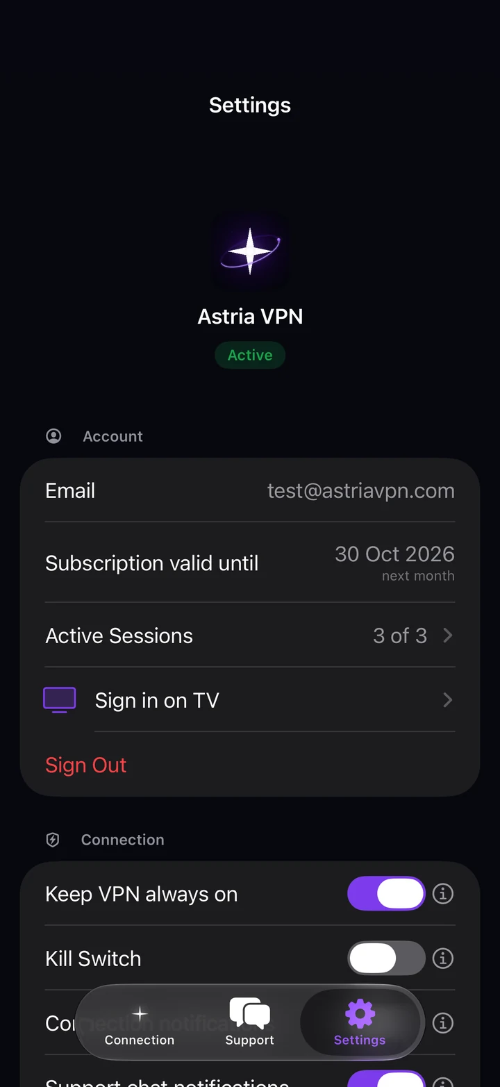 Settings tab of Astria VPN for iPhone: account email, subscription end date, active sessions, sign in on TV and sign out
