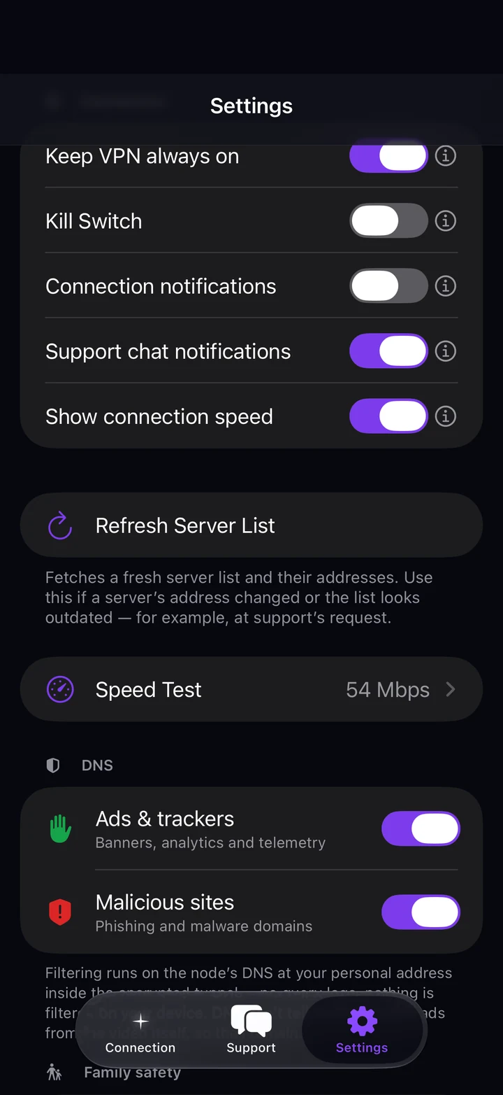 Connection and DNS settings of Astria VPN for iPhone: always-on, Kill Switch, notifications, show connection speed, refresh server list, speed test, ads and trackers and malicious sites