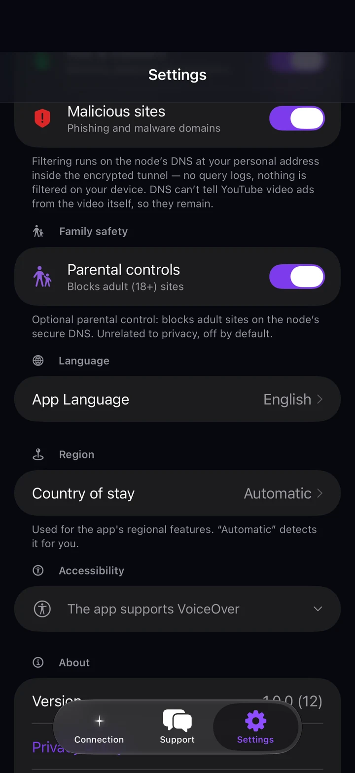 Family safety, language, region, accessibility and About sections of Astria VPN for iPhone settings with version 1.0.0