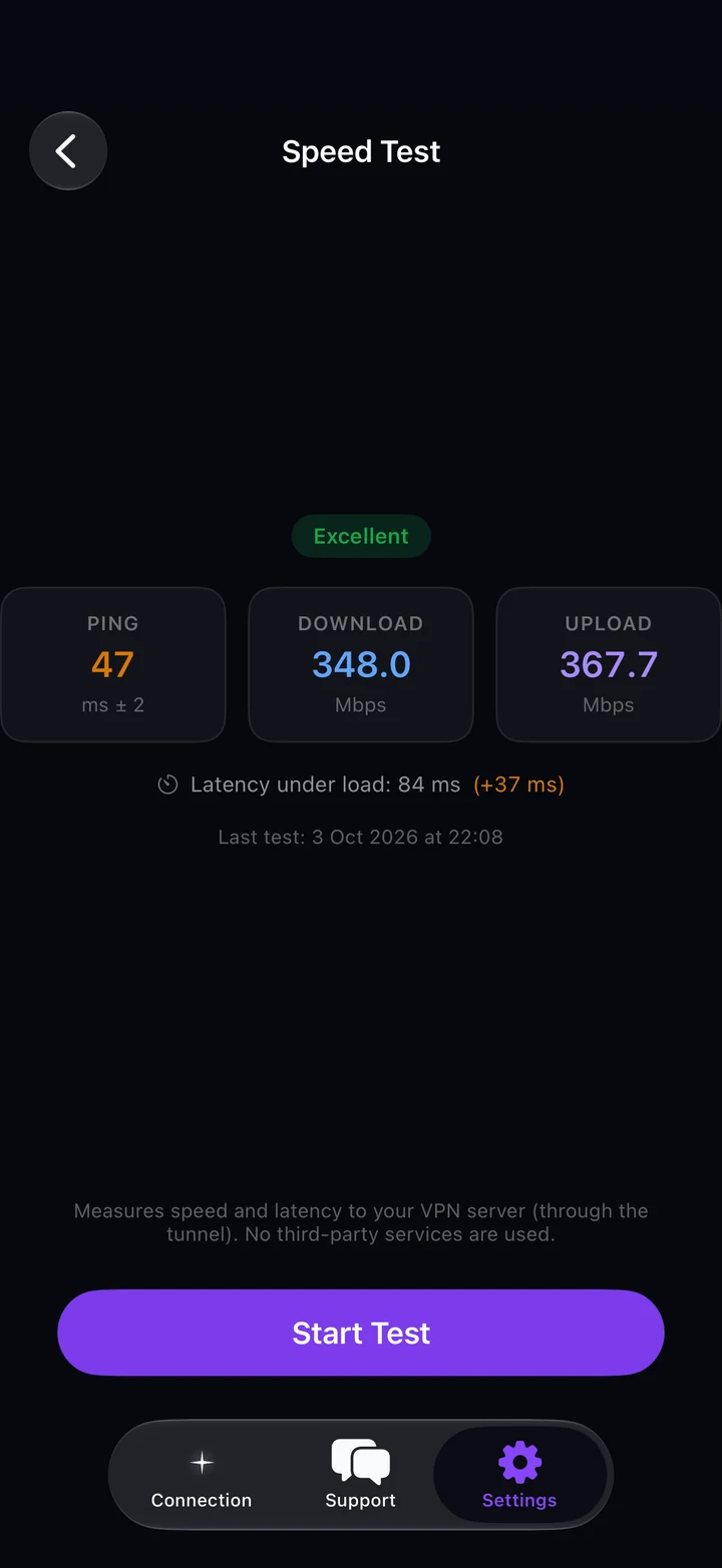Speed Test result in Astria VPN for iPhone: ping, download and upload speed, latency under load, rating and the Start Test button
