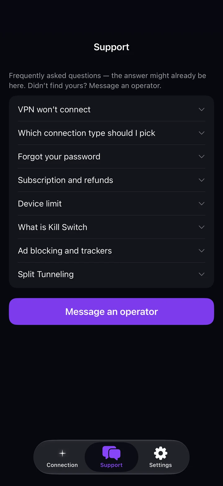 Support tab of Astria VPN for iPhone: frequently asked questions and the Message an operator button
