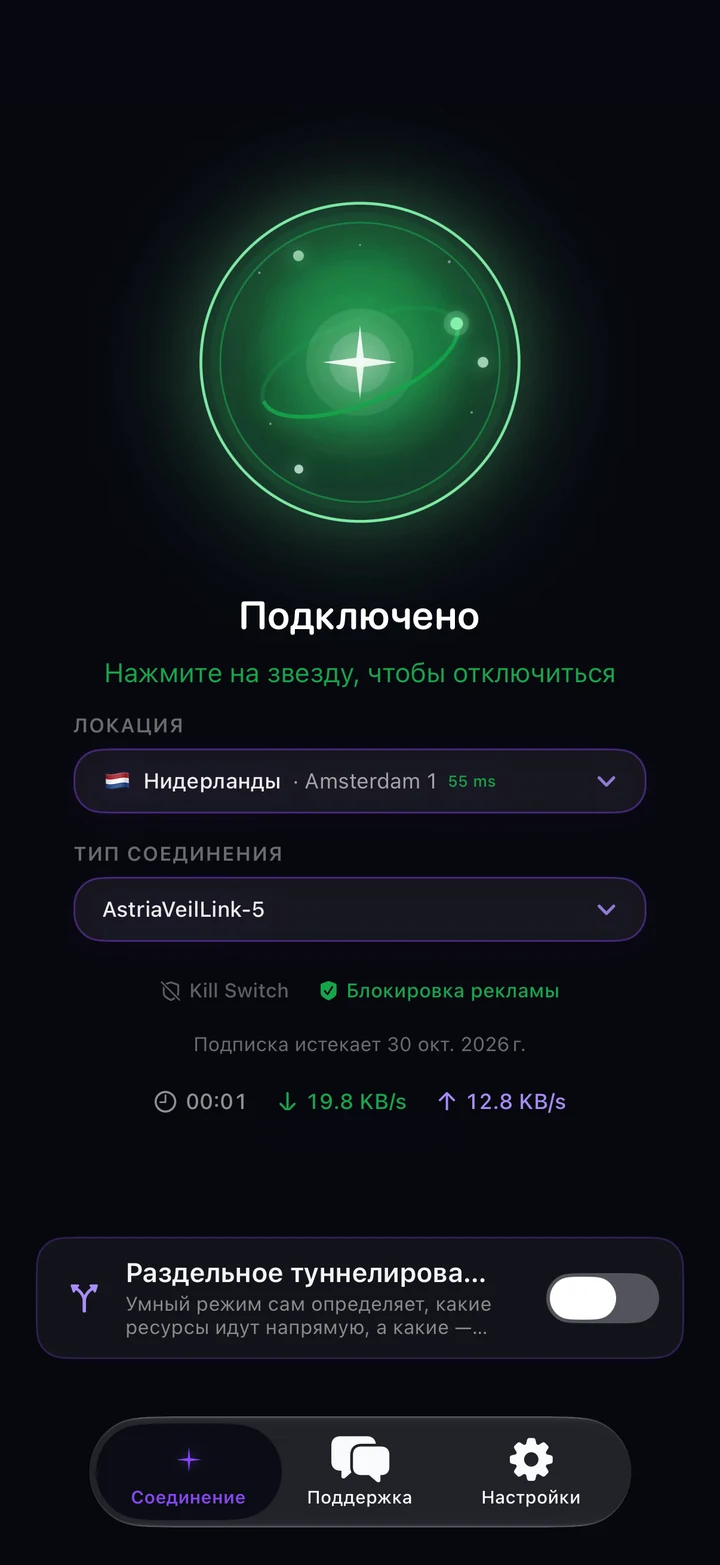 Astria VPN на iPhone в подключённом состоянии: зелёная звезда, локация Нидерланды, тип соединения AstriaVeilLink-5, блокировка рекламы, таймер и скорость, переключатель раздельного туннелирования