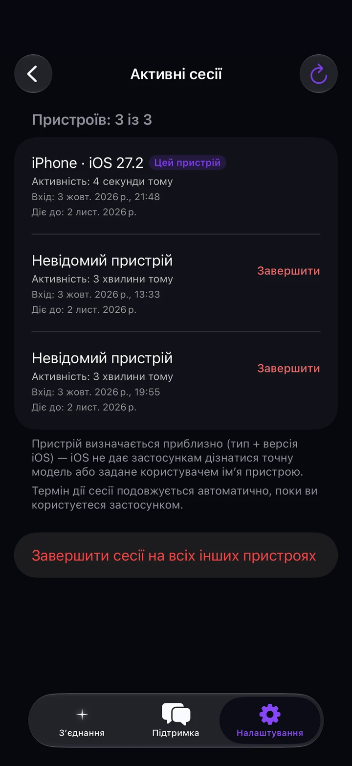 Екран «Активні сесії» в Astria VPN на iPhone: список пристроїв із кнопками «Завершити» і «Завершити сесії на всіх інших пристроях»