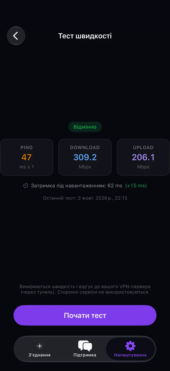 Результат тесту швидкості в Astria VPN на iPhone: пінг, швидкість завантаження й віддачі, затримка під навантаженням, оцінка та кнопка «Почати тест»