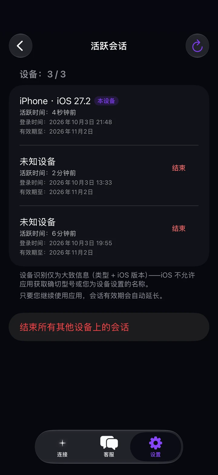 Astria VPN iPhone 版“活跃会话”界面：已登录设备列表，带“结束”和“结束所有其他设备上的会话”按钮