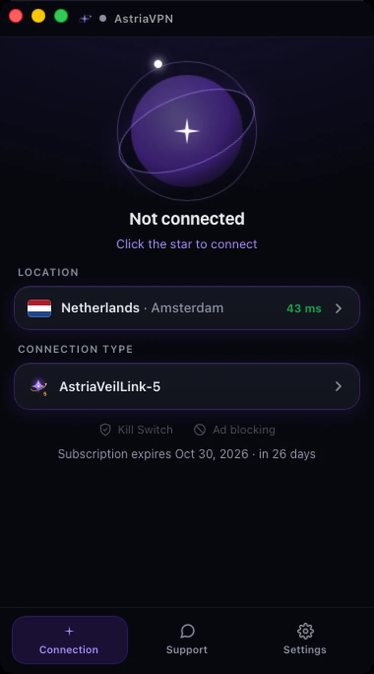 Astria VPN for macOS main screen before connecting: Not connected status, location, connection type and subscription end date
