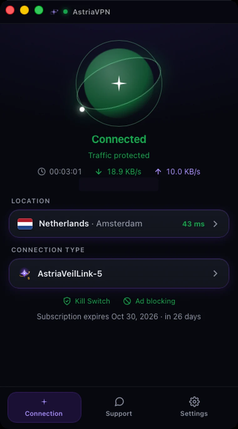 Astria VPN for macOS connected: green star, Traffic protected, timer and speed, Kill Switch and ad blocking active