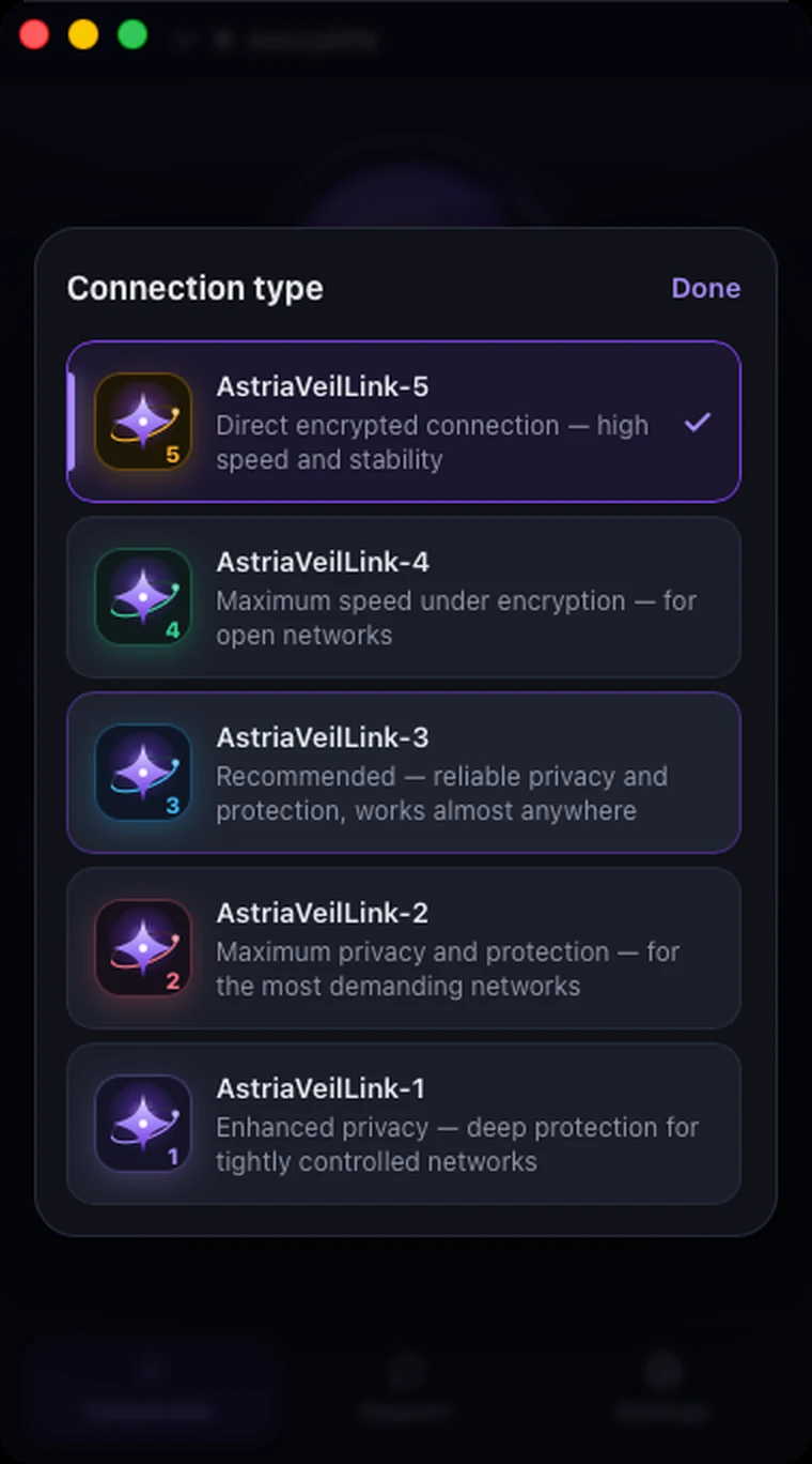 Connection type chooser in Astria VPN for macOS: AstriaVeilLink-5 selected as recommended, modes 4 to 1 below