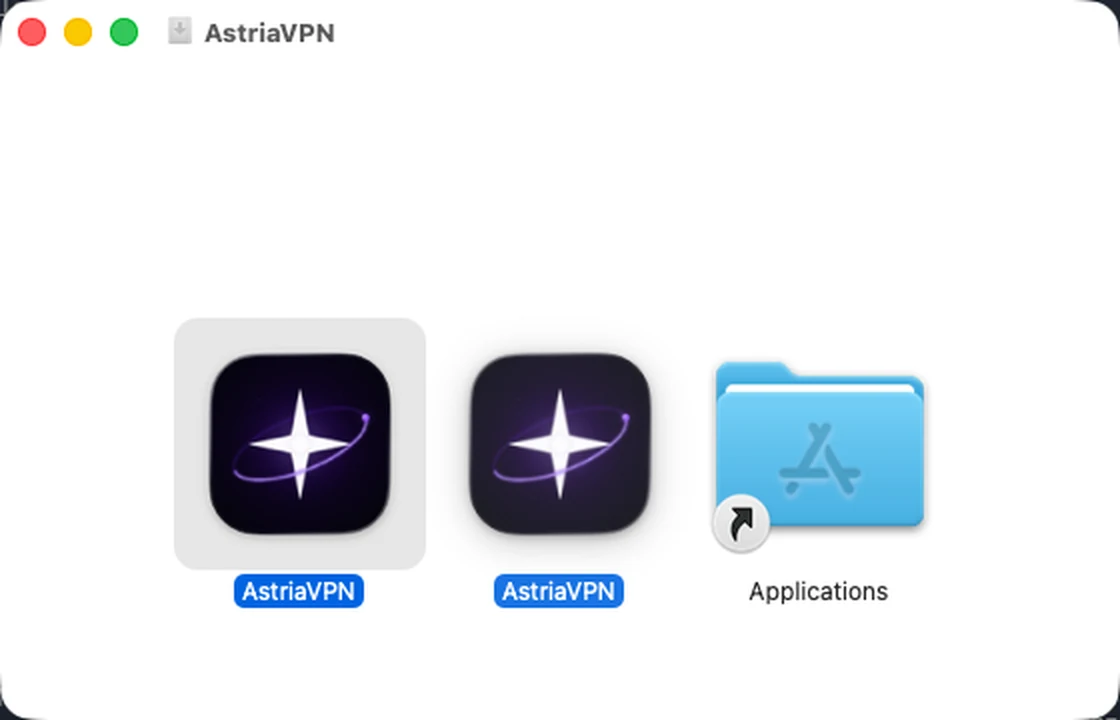 The AstriaVPN icon being dragged towards the Applications folder in the installer window