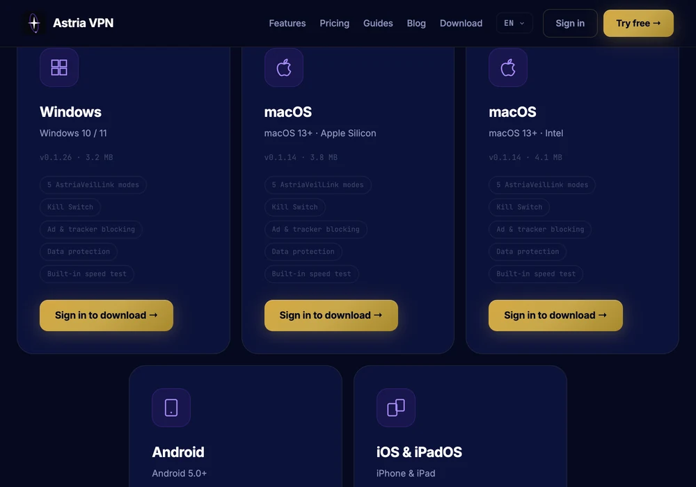 Astria VPN download page: separate cards for Windows, macOS for Apple Silicon and macOS for Intel, each with a Sign in to download button