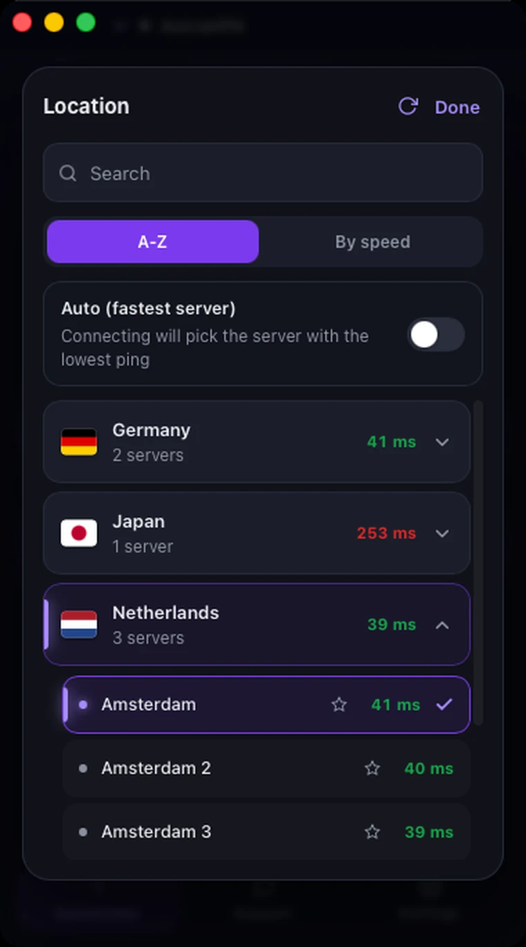Location list in Astria VPN for macOS: search, A-Z or by speed sorting, Auto fastest server switch, countries with response times and the selected country expanded with its servers