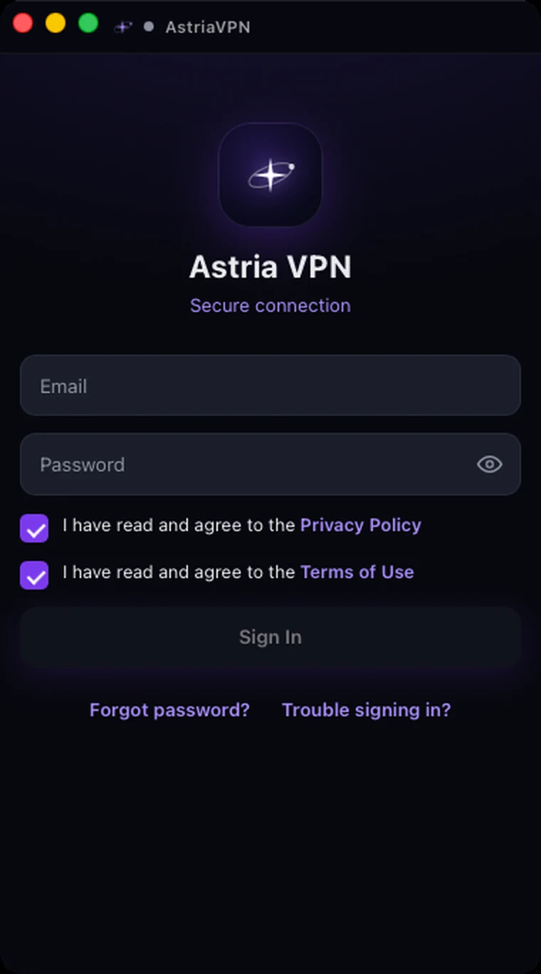 Astria VPN for macOS sign-in screen with the Privacy Policy and Terms of Use agreement ticked
