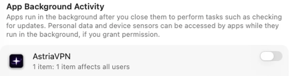 System Settings, Login Items & Extensions: the AstriaVPN switch is OFF — the VPN cannot connect