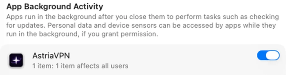 Settings → General → Login Items & Extensions: AstriaVPN switched on (the screenshot is from a Mac set to English)
