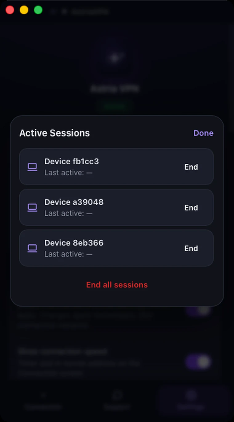 Active Sessions window in Astria VPN for macOS listing signed-in devices with End and End all sessions buttons