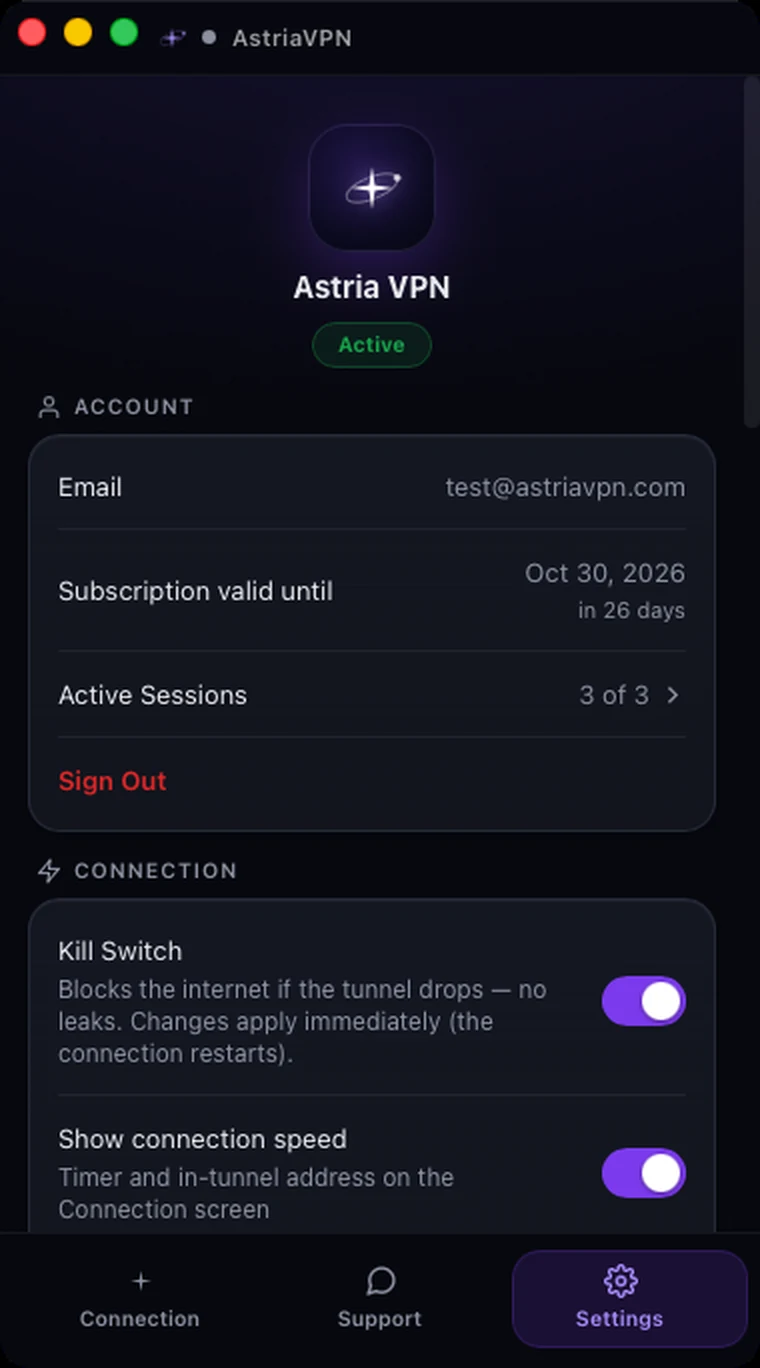 Settings tab of Astria VPN for macOS: account email, subscription end date, active sessions, sign out and Kill Switch