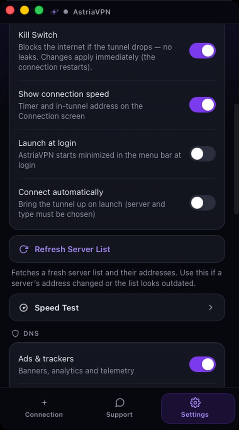 Connection section of Astria VPN for macOS settings: Kill Switch, show connection speed, launch at login, connect automatically, refresh server list, speed test and DNS