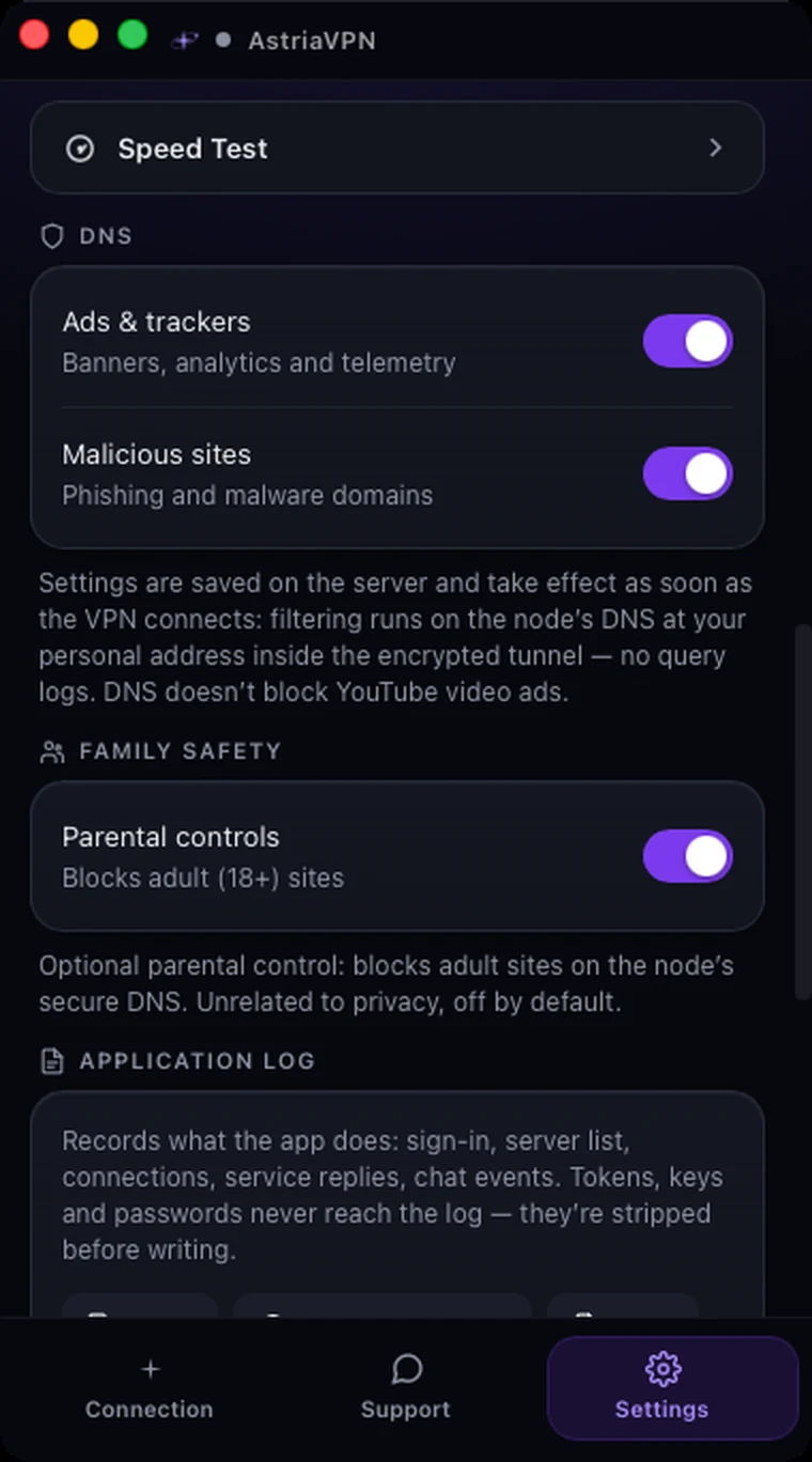DNS, family safety and application log sections in Astria VPN for macOS settings