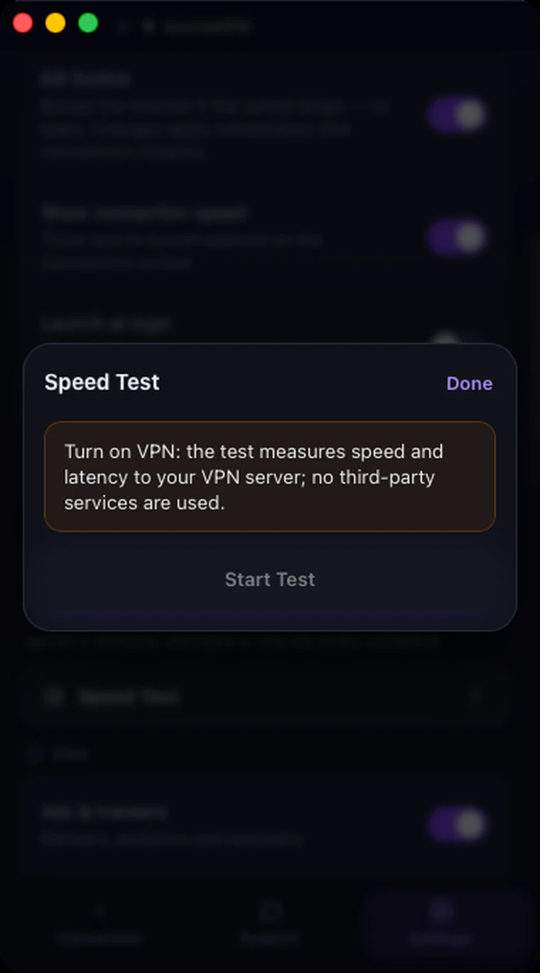 Speed Test window of Astria VPN for macOS with the VPN off: a notice asks to turn on the VPN first and the Start Test button is inactive