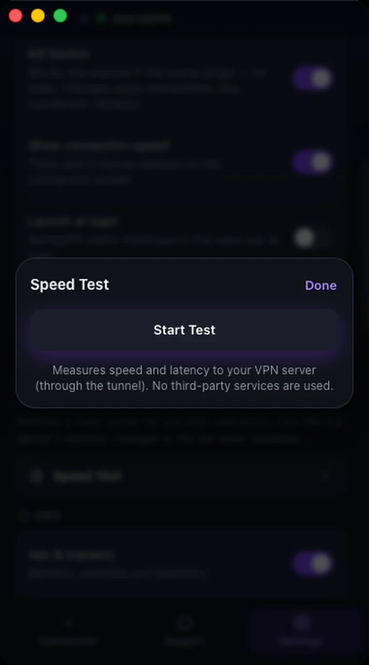 Speed Test window of Astria VPN for macOS with the VPN on: Start Test button ready, test goes to your VPN server through the tunnel