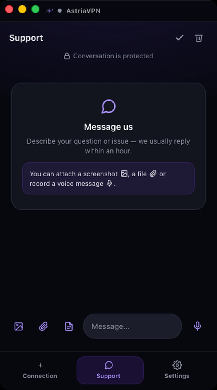 Support chat in Astria VPN for macOS with a protected conversation and buttons for screenshots, files and voice messages