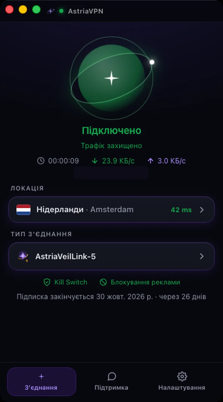 Astria VPN для macOS підключено: зелена зірка, «Трафік захищено», таймер і швидкість, Kill Switch і блокування реклами ввімкнено