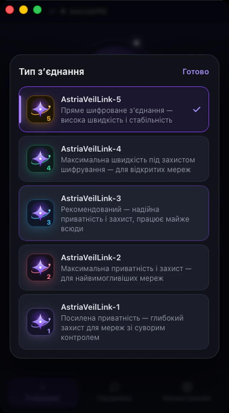 Вибір типу з’єднання в Astria VPN для macOS: AstriaVeilLink-5 обрано як рекомендований, нижче режими 4–1
