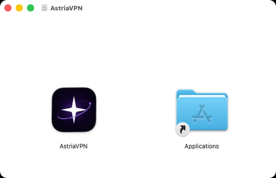 Вікно інсталятора Astria VPN для macOS: ліворуч значок AstriaVPN, праворуч ярлик папки Applications