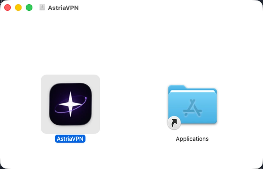 复制完成后的安装窗口:AstriaVPN 图标被选中,右边是 Applications 文件夹