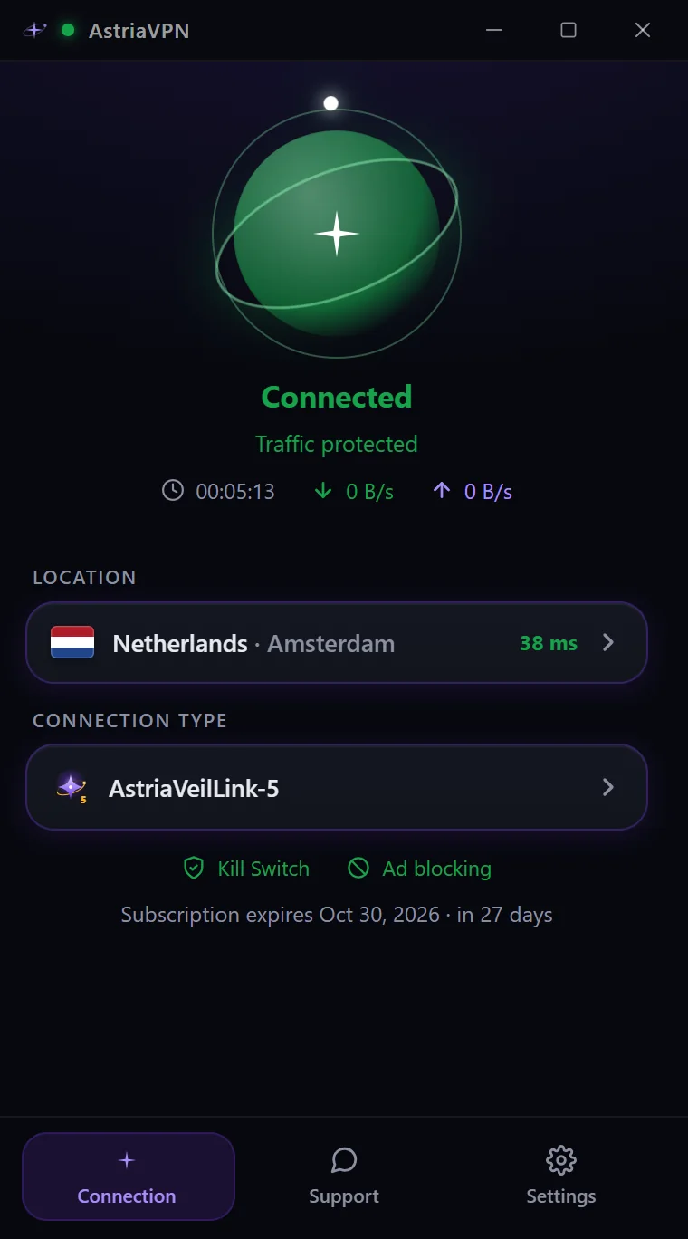 Astria VPN for Windows connected: green star, Traffic protected, timer and speed, Kill Switch and ad blocking active